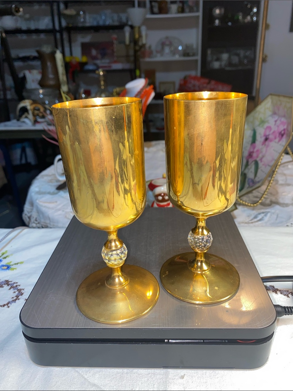 2 -Valerio Albarello 24k gold-plated brass goblets Swarovski crystals in stem